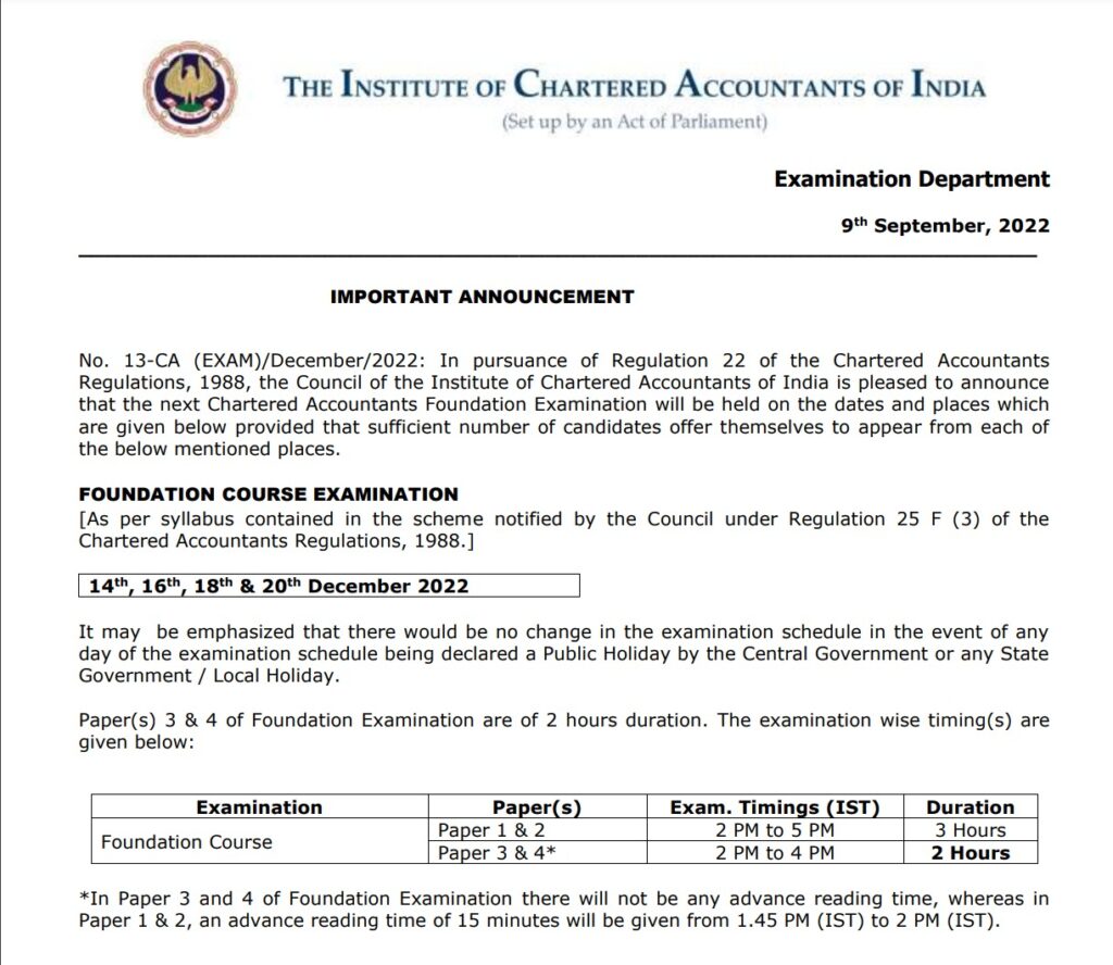 CA Foundation Exam Dates December 2022